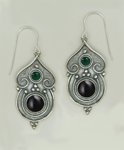 Sterling Silver Gothic Inspired Drop Dangle Earrings With Black Onyx And Fluorite